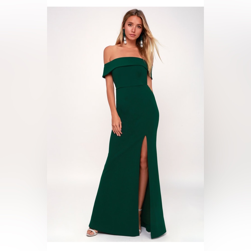 Lulus Aveline Forest Green Off Shoulder Maxi Dress